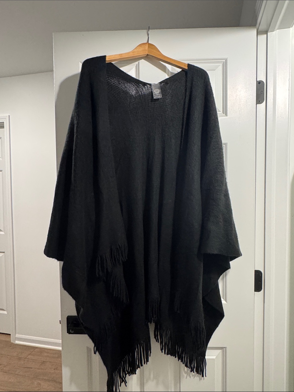 Vince Camuto Black Fringe Open-Front Poncho